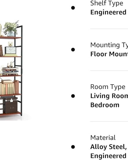 NUMENN 5 Tier Bookshelf, Tall Bookcase Shelf Storage Organizer, Modern Book Shelf for Bedroom, Living Room and Home Office, Teak - LeafyLoom