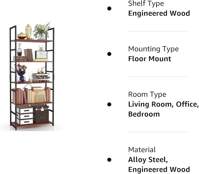 NUMENN 5 Tier Bookshelf, Tall Bookcase Shelf Storage Organizer, Modern Book Shelf for Bedroom, Living Room and Home Office, Teak - LeafyLoom