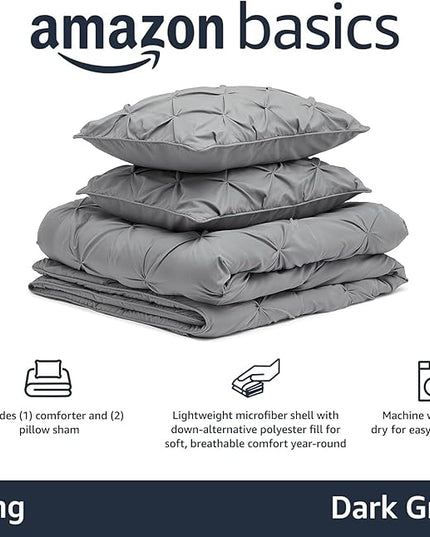 Amazon Basics All-Season Down-Alternative Comforter 3-Piece Bedding Set, Pinch Pleat, Pinched Pleat With Piped Edges, King, Dark Grey - LeafyLoom