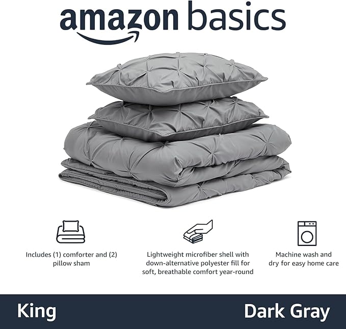 Amazon Basics All-Season Down-Alternative Comforter 3-Piece Bedding Set, Pinch Pleat, Pinched Pleat With Piped Edges, King, Dark Grey - LeafyLoom