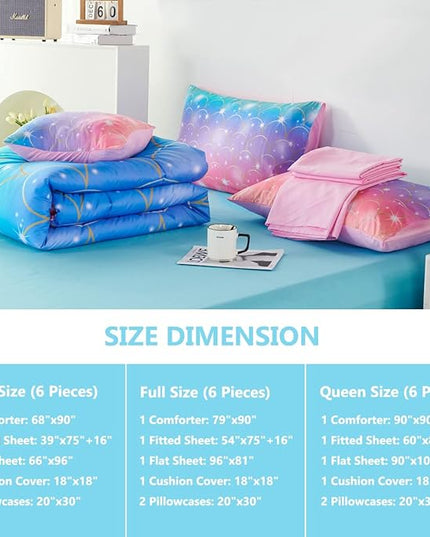 PERFEMET Mermaid Print Full Size Comforter Set for Girls, 6 Piece Colorful Tie Dye Teen Girl Bedding Set, Pink Purple Ombre Cute Bed in A Bag Comforter Set with Sheets - LeafyLoom