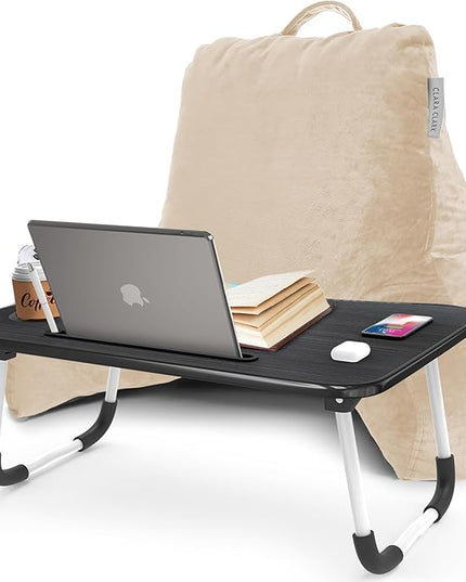 Clara Clark Reading Pillow with Portable Lap Desk for laptop Set, Back Pillow for Sitting Up in Bed, Memory Foam Back Support Pillow, Bed Rest Pillow with Foldable Laptop Desk, Standard - Beige Cream - LeafyLoom