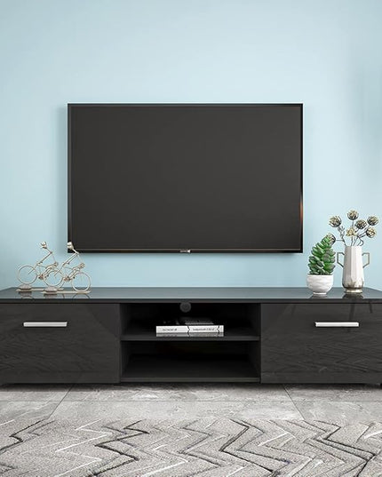 63" TV Stand with Open Shelves, Television Stands for TVs Up to 70", Media Console Entertainment Center Television Table with 2 Storage Cabinet for Living Room, Bedroom, Black - LeafyLoom