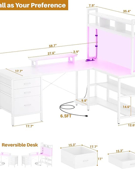 Aheaplus L Shaped Gaming Desk with Hutch, Gaming Desk with Led Lights, Reversible Computer Desk with Power Outlet, Corner Desk with File Drawer & Monitor Stand, Storage Shelves for Home Office, White - LeafyLoom