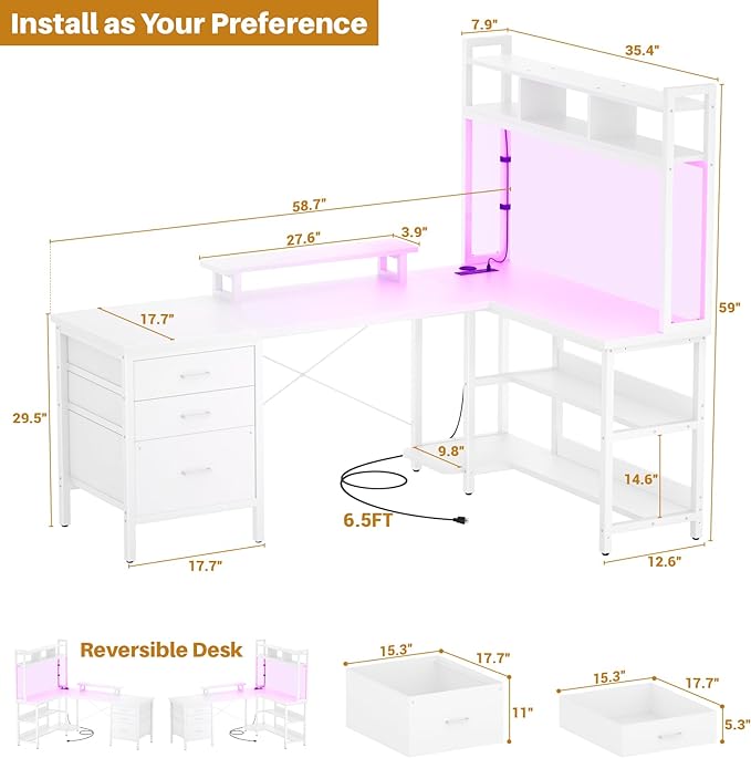 Aheaplus L Shaped Gaming Desk with Hutch, Gaming Desk with Led Lights, Reversible Computer Desk with Power Outlet, Corner Desk with File Drawer & Monitor Stand, Storage Shelves for Home Office, White - LeafyLoom