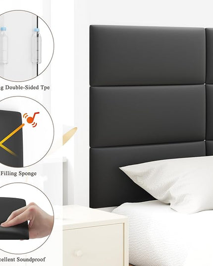 King Headboard, Wall Mounted Peel and Stick Headboard, Upholstered Leather Bed Headboard for King Size Bed, Floating Dorm Bedroom Tall Headboard Soundproof Wall Panels (12 Panels, 10"x24") - LeafyLoom