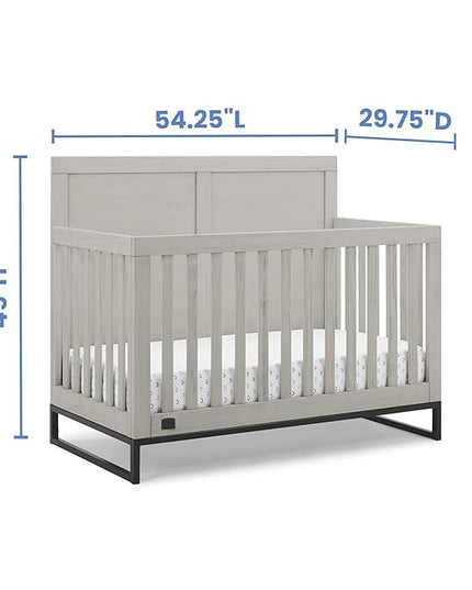 Simmons Kids Foundry 6-in-1 Convertible Baby Crib, Rustic Mist with Matte Black + Quiet Nights Breathable Crib Mattress with Removable/Machine Washable Cover (Bundle) - LeafyLoom