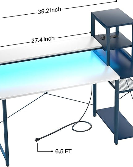 39.4'' Gaming Desk with LED and Storage Shelves, 39 Computer Desk with Long Monitor Stand, Small Desk for Small Space, Simple Study Student Writing Desk, Laptop Table for Home Office, White - LeafyLoom