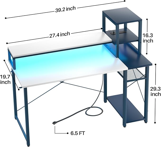 39.4'' Gaming Desk with LED and Storage Shelves, 39 Computer Desk with Long Monitor Stand, Small Desk for Small Space, Simple Study Student Writing Desk, Laptop Table for Home Office, White - LeafyLoom