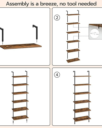 HOOBRO DIY Ladder Shelf, 6-Tier Wall Mounted Bookshelf, Office Vertical Bookcase, Wooden Storage Shelves for Home Office, Bedroom, Rustic Brown and Black BF65CJ01 - LeafyLoom