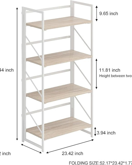 JSB No Assembly Folding Bookshelf, 4 Tier Industrial Metal Book Shelf for Storage, Vintage Wood foldable Bookcase for Living Room, Bedroom, Office Organization Shelves - LeafyLoom