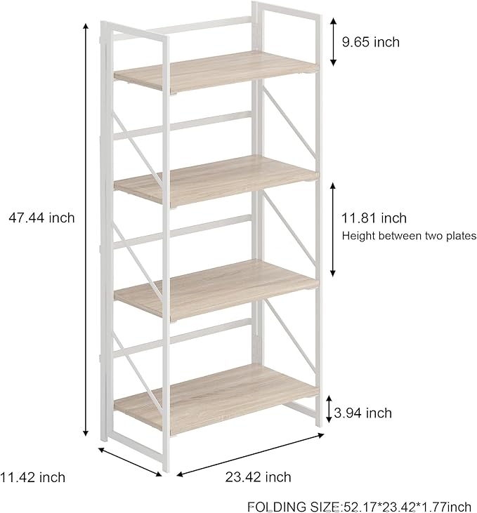 JSB No Assembly Folding Bookshelf, 4 Tier Industrial Metal Book Shelf for Storage, Vintage Wood foldable Bookcase for Living Room, Bedroom, Office Organization Shelves - LeafyLoom