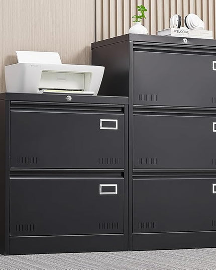 2 Drawer Lateral Lock and Card Holder, Multifunctional Metal Filing Cabinets w/Heavy 3 Section Slide Rail & Breathable Holes,for Legal/Letter/A4,Black - LeafyLoom