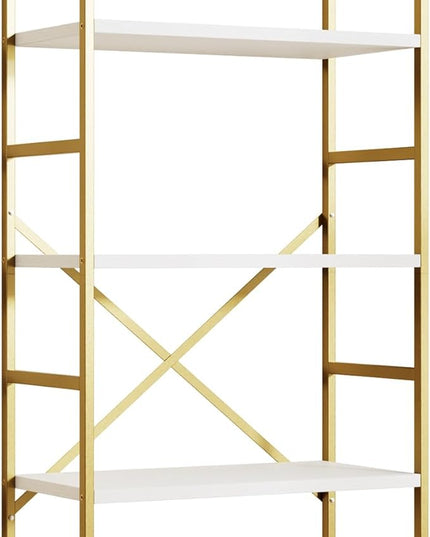 Shintenchi 5 Tiers Bookshelf, Classically Tall Bookcase Shelf,Industrial Book Rack,Modern Book Holder in Bedroom/Living Room/Home/Office, Storage Rack Shelves for Books/Movies,Gold - LeafyLoom