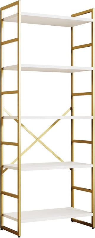 Shintenchi 5 Tiers Bookshelf, Classically Tall Bookcase Shelf,Industrial Book Rack,Modern Book Holder in Bedroom/Living Room/Home/Office, Storage Rack Shelves for Books/Movies,Gold - LeafyLoom