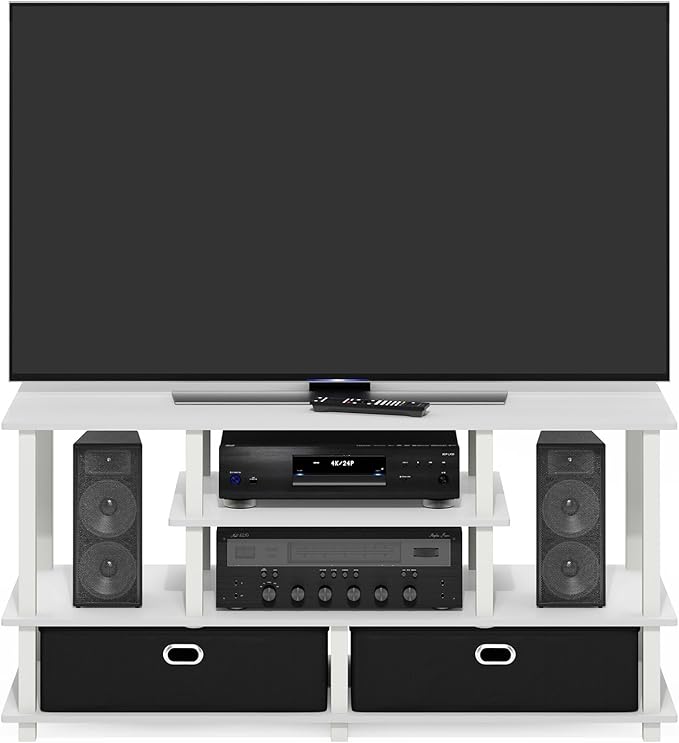 Furinno Jaya Large Lifestyle TV Stand, 55 Inch, White/White/Black - LeafyLoom