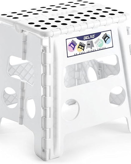 Delxo 13" Folding Step Stool for Kids and Adults, Non-Slip Foldable Step Stools with Handle,Plastic Portable Folding Stool for Bathroom,Bedroom,Kitchen,Hold up to 300lbs White - LeafyLoom