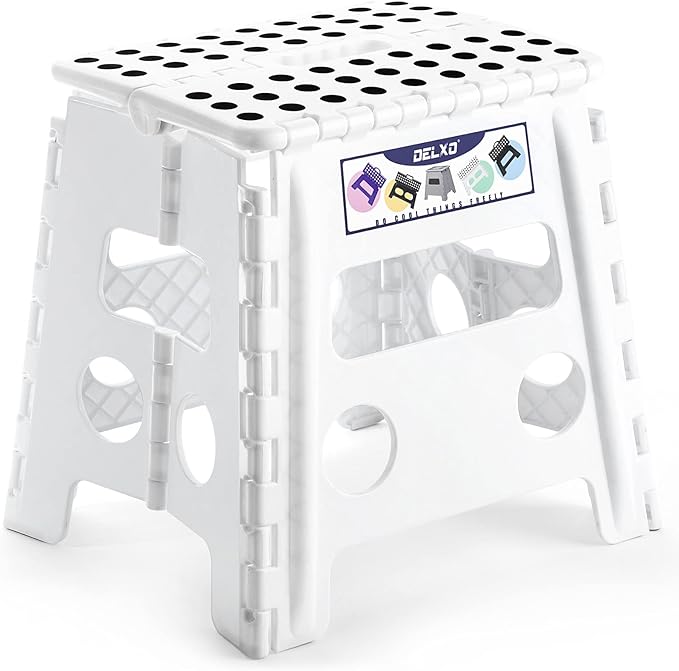 Delxo 13" Folding Step Stool for Kids and Adults, Non-Slip Foldable Step Stools with Handle,Plastic Portable Folding Stool for Bathroom,Bedroom,Kitchen,Hold up to 300lbs White - LeafyLoom