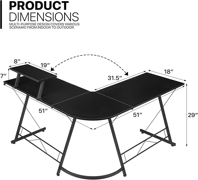 MoNiBloom L Shaped Gaming Desk Computer Corner Table with Metal Frame, L Desk Workstation for Home Office, Space-Saving, Black - LeafyLoom