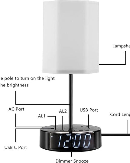 Touch Control Nightstand Light Bedside Table Lamp with USB C Charging Ports Alarm Clock 3 Way Dimmable Lamp for Bedroom Living Room Home… - LeafyLoom