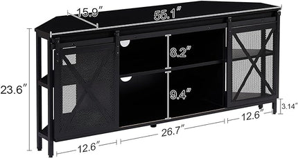 HOMISSUE Corner TV Stand, Corner TV Stand for 55 60 Inch TV, Industrial & Farmhouse Corner Entertainment Center w/Sliding Barn Door, Corner TV Cabinet for Living Room, Black - LeafyLoom