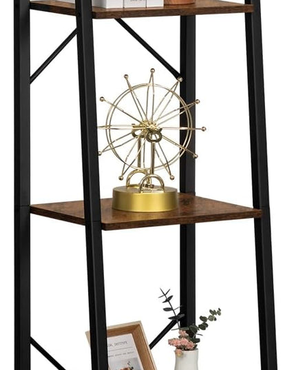 Ladder Shelf, Bookshelf Bookcase, Freestanding Corner Storage Shelve with 2 Hooks for Home Office, Living Room, Kitchen, Bedroom, Industrial, 5-Tier Rustic Brown BC03201B - LeafyLoom