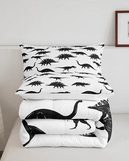 Erosebridal Dinosaur Bedding Set Dino Silhouettes Comforter Set Full Size, Wildlife Animals Black White Quilted Duvet for Kids Boys Teens Adult Bedroom Decor Dinosaurs Comforter with 2 Pillow Cases - LeafyLoom