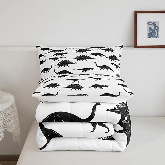 Erosebridal Dinosaur Bedding Set Dino Silhouettes Comforter Set Full Size, Wildlife Animals Black White Quilted Duvet for Kids Boys Teens Adult Bedroom Decor Dinosaurs Comforter with 2 Pillow Cases - LeafyLoom