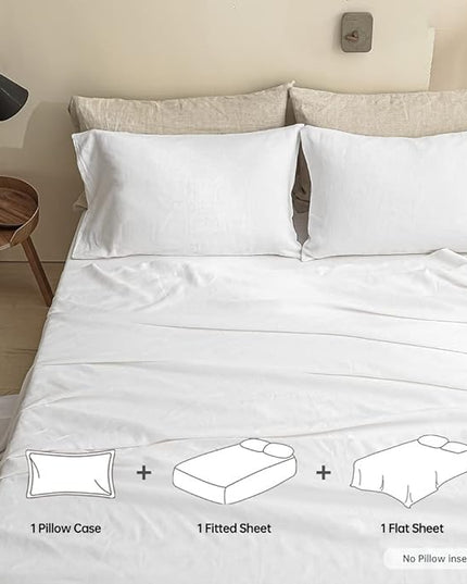 Simple&Opulence 100% Linen Sheet Set Solid Color-3 Pcs Washed French Linen Bed Sheets-Breathable Bedding Set-1 Flat Sheet,1 Fitted Sheet,1 Pillowcase(Twin, Basic White) - LeafyLoom