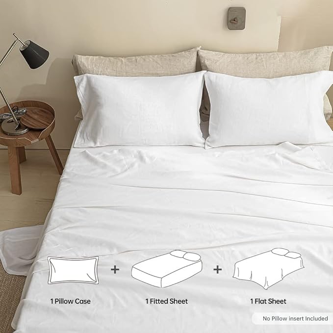 Simple&Opulence 100% Linen Sheet Set Solid Color-3 Pcs Washed French Linen Bed Sheets-Breathable Bedding Set-1 Flat Sheet,1 Fitted Sheet,1 Pillowcase(Twin, Basic White) - LeafyLoom
