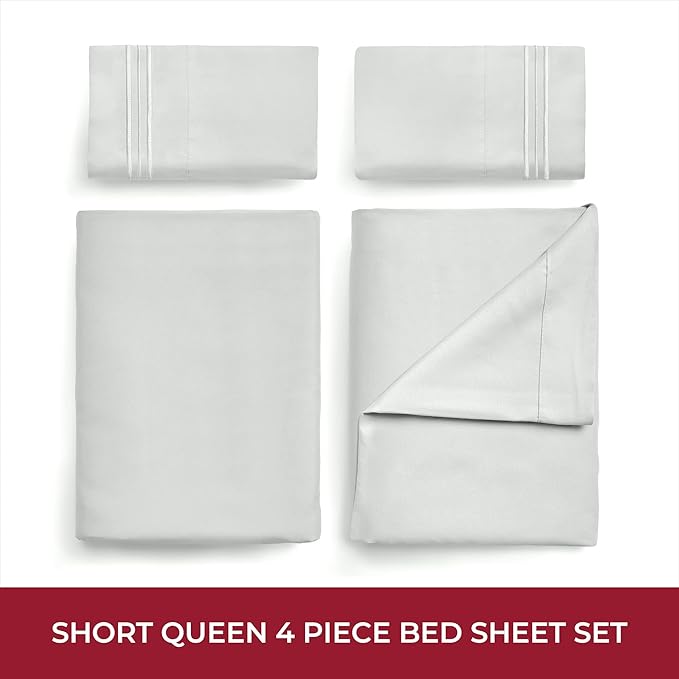 Mellanni RV Short Queen Sheets - 4 PC Iconic Collection Bedding Sheets & Pillowcases - Hotel Luxury, Extra Soft, Cooling Bed Sheets - Deep Pocket up to 10 inch (RV/Short Queen, Light Gray) - LeafyLoom