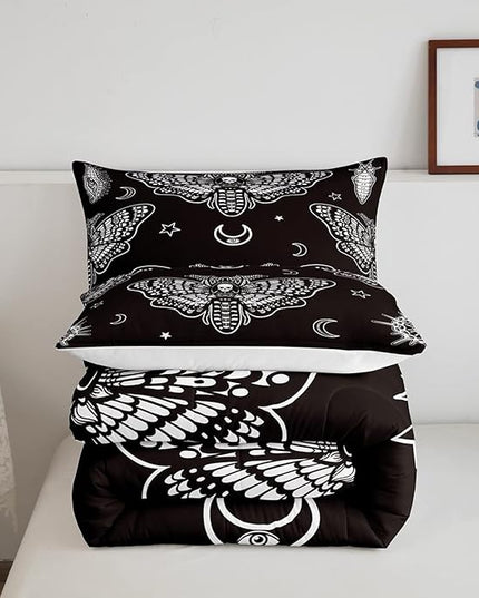 Boys Boho Moth Comforter Set Queen Size Men Gothic Skull Bedding Set for Girls Women Bedroom Decor Bohemian Moon Star Comforter Personalized Moth Skull Skeleton Bones Duvet Set Teens Quilt Set - LeafyLoom