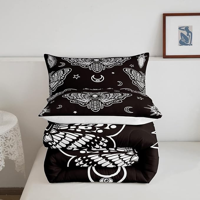 Boys Boho Moth Comforter Set Queen Size Men Gothic Skull Bedding Set for Girls Women Bedroom Decor Bohemian Moon Star Comforter Personalized Moth Skull Skeleton Bones Duvet Set Teens Quilt Set - LeafyLoom