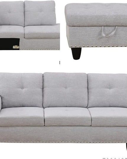 L Shaped Sofa with Ottoman Modern Sectional Living Room, Bedroom, Office, L Couch Grey White - LeafyLoom