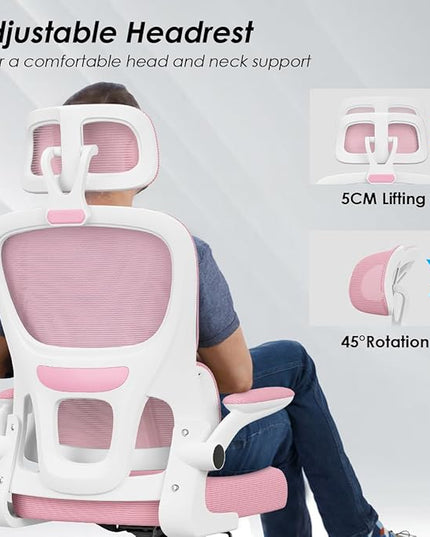 Soohow Ergonomic Home Office Chair, Mesh Desk Chair with Lumbar Support, Comfy Computer Desk Chair with Flip Armrest Rolling Wheels, Adjustable Headrest, Pink. - LeafyLoom
