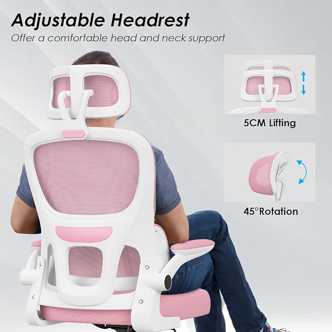 Soohow Ergonomic Home Office Chair, Mesh Desk Chair with Lumbar Support, Comfy Computer Desk Chair with Flip Armrest Rolling Wheels, Adjustable Headrest, Pink. - LeafyLoom