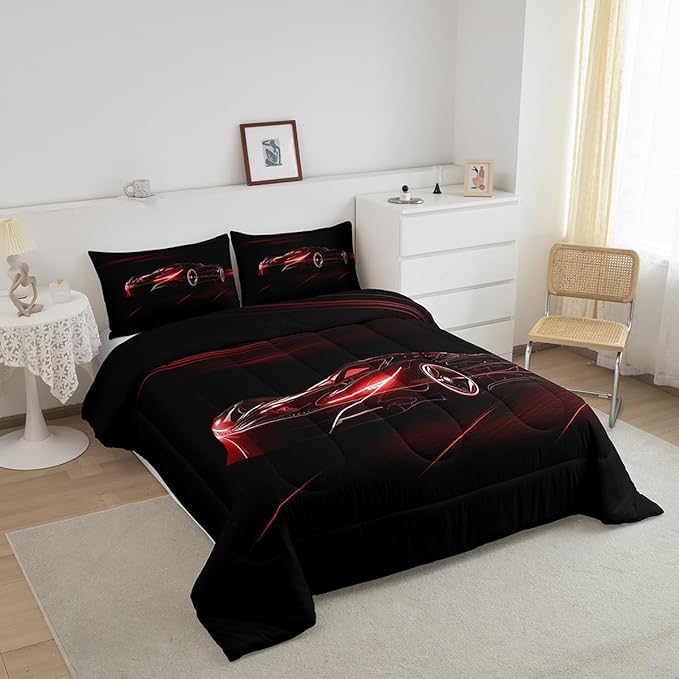 Feelyou Red Race Car Bedding Set Full Size for Kids Boys Extreme Sport Games Comforter Set Teens Toddler Fast and Furious Duvet Set Cool Modern Quilt Set 3Pcs - LeafyLoom
