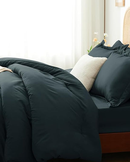 Queen Bed in a Bag 7 Pieces Bedding Comforter Set with Comforter and Sheets Navy Blue Queen Comforter Set with Sheets,Pillow Shams, Flat Sheet, Fitted Sheet and Pillowcases - LeafyLoom