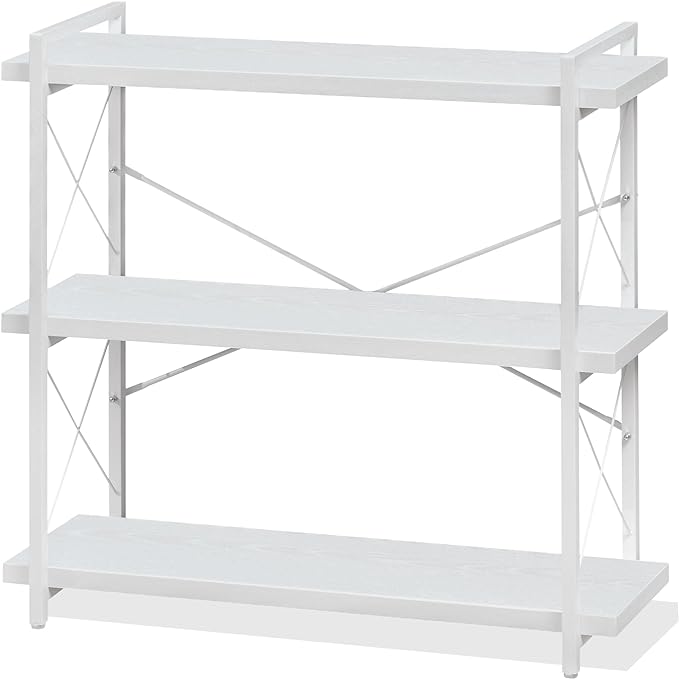 HCHQHS Bookshelf, 3-Tier Industrial Bookcase, White Open Book Shelf, Freestanding Horizontal Bookshelves with Metal Frame - LeafyLoom