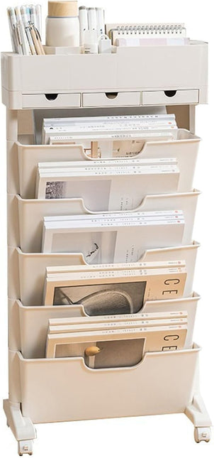 6 Tier Rolling Cart,Open Bookcase and Bookshelf,Mobile Bookshelf with Wheels 3 Drawer,Storage Shelving Display Shelves,Narrow Rolling Storage Cart for Living Room, Bedroom, Kitchen (Off white) - LeafyLoom