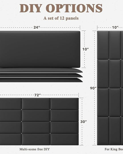 King Headboard, Wall Mounted Peel and Stick Headboard, Upholstered Leather Bed Headboard for King Size Bed, Floating Dorm Bedroom Tall Headboard Soundproof Wall Panels (12 Panels, 10"x24") - LeafyLoom