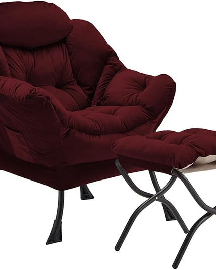 Lazy Chair with Folding Ottoman, Accent Chair Velvet Upholstered with Metal Structure and Non-Slip Pads, Sofa Armchair with Footrest and Side Storage Bag for Dorm, Room, Office, Burgundy - LeafyLoom
