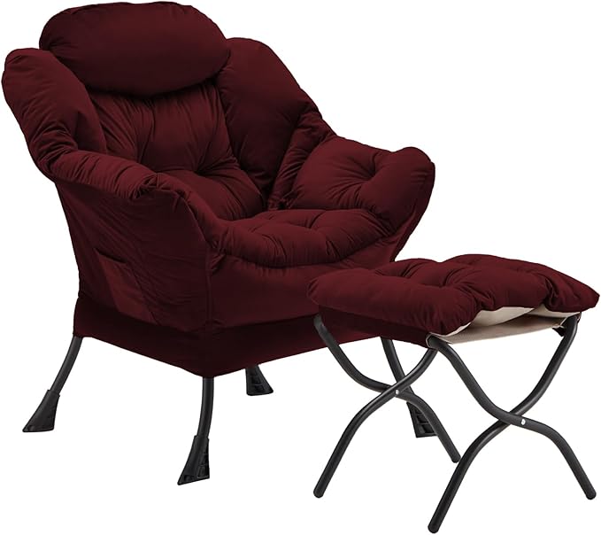 Lazy Chair with Folding Ottoman, Accent Chair Velvet Upholstered with Metal Structure and Non-Slip Pads, Sofa Armchair with Footrest and Side Storage Bag for Dorm, Room, Office, Burgundy - LeafyLoom