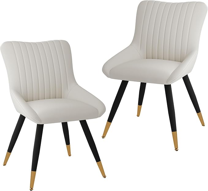 Alunaune Upholstered Dining Chairs Set of 2 Modern Kitchen Chairs, White Faux Leather Mid Century Accent Chair Armless Leisure Chair Living Room Desk Side Chair - LeafyLoom