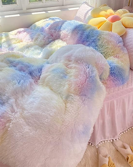 Faux Fur Kids Girls Sunshine Rainbow Comforter Sets Queen - 3PC Bed Set Warm Comfortable Soft Plush Flannel Velvet Fluffy Fuzzy Bedding（Comforter x 1 Pillowcases x 2） - LeafyLoom