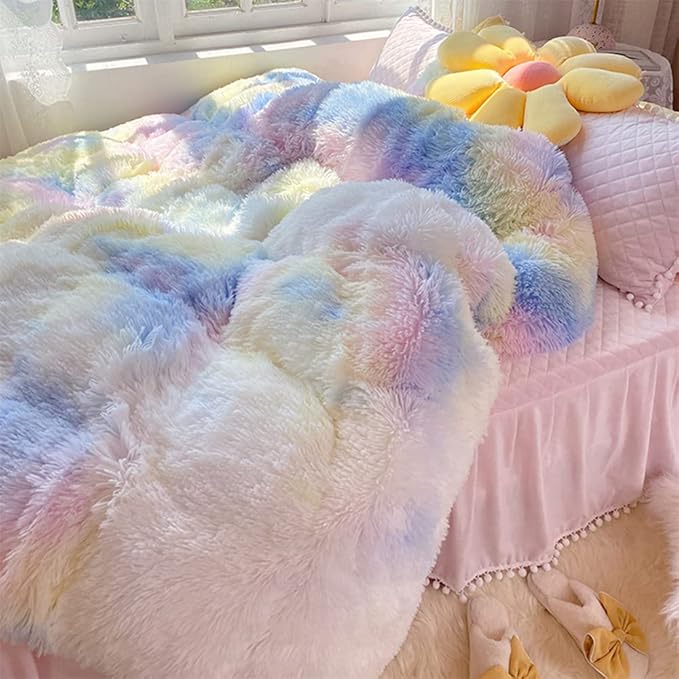 Faux Fur Kids Girls Sunshine Rainbow Comforter Sets Queen - 3PC Bed Set Warm Comfortable Soft Plush Flannel Velvet Fluffy Fuzzy Bedding（Comforter x 1 Pillowcases x 2） - LeafyLoom