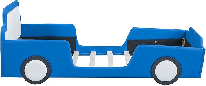 Twin Size Race Car Bed with Wheels,Kids Car-Shaped Beds W/Safety Guardrail,Slats Support,Easy Assembly,Wooden Platform Bedframe for Boys Toddlers Child's Bedroom,Blue PU - LeafyLoom
