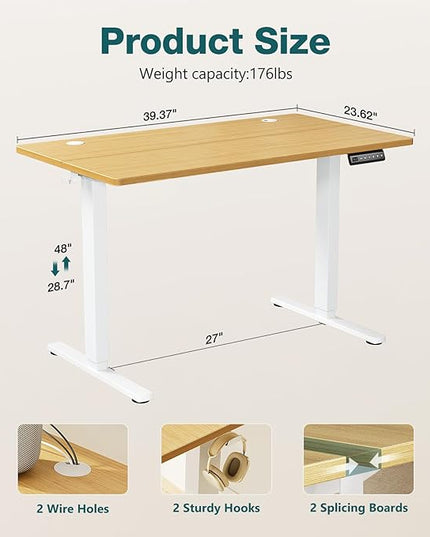SMUG Standing Desk, Adjustable Height Electric Sit Stand Up Down Computer Table, 40x24 Inch Ergonomic Rising Desks for Work Office Home, Modern Lift Motorized Gaming Desktop Workstation, Natural - LeafyLoom