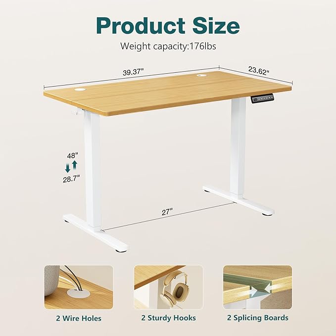 SMUG Standing Desk, Adjustable Height Electric Sit Stand Up Down Computer Table, 40x24 Inch Ergonomic Rising Desks for Work Office Home, Modern Lift Motorized Gaming Desktop Workstation, Natural - LeafyLoom