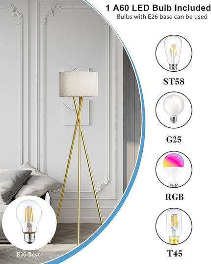 66IN Tripod Floor Lamp, Gold Standing Lamps with E26 Bulb Included, Mid Century Modern Tall Lamps for Living Room Bedroom Home Decor - LeafyLoom